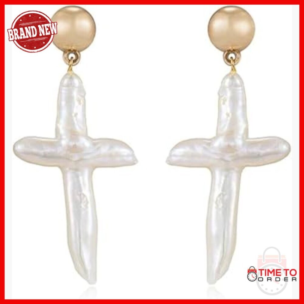Freshwater Pearl Cross 18k Gold Plated Stud Dangle Earrings - Picture 1 of 7